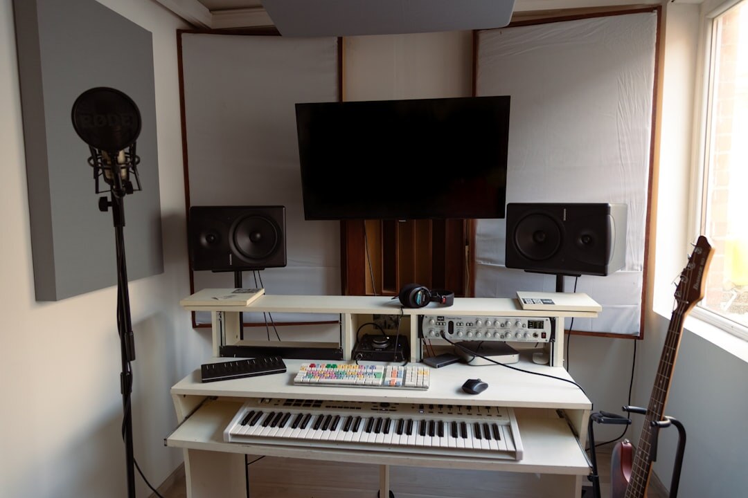 Live broadcast control room with monitors