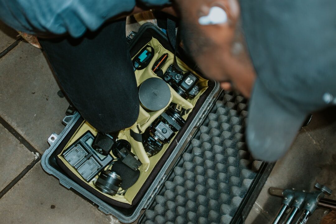 Camera equipment being checked and packed
